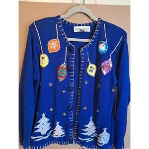 Vintage Lisa Internat Embellished Christmas Sweater Cardigan Blue T15